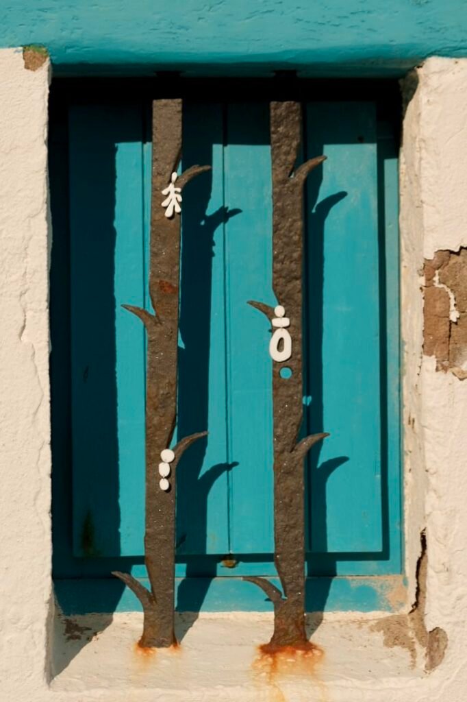 Hibiscus Amarillo earrings displayed on the ironwork of a blue window from a traditional Mediterranean house in Costa Brava.