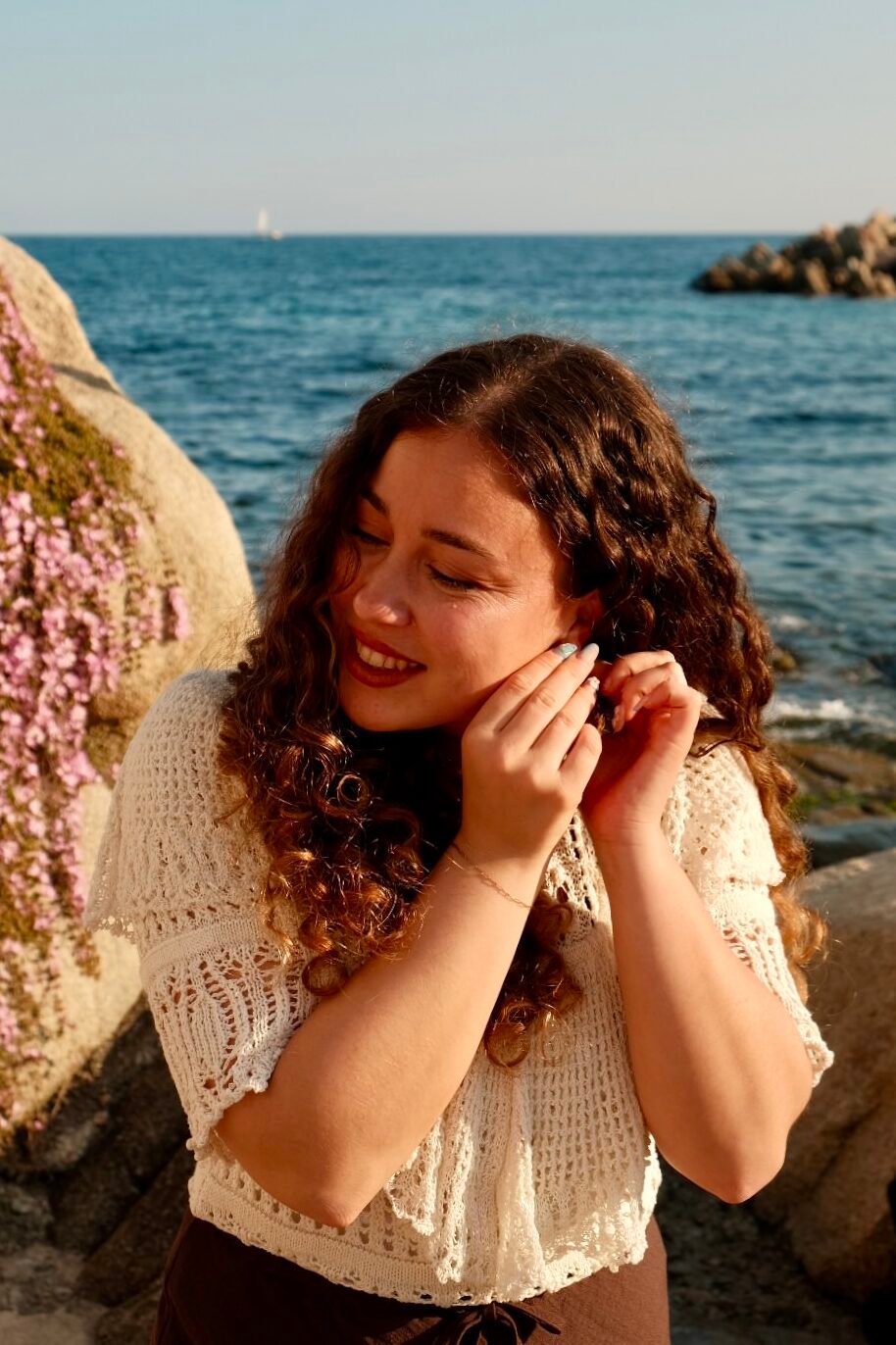 model using Handmade Mediterranean earrings — Hibiscus Amarillo Costa Brava photoshoot
